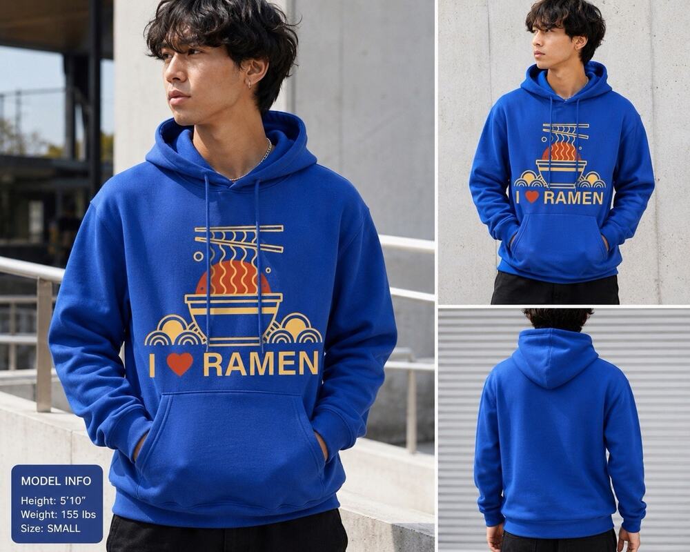 Men’s I Love Ramen Graphic Hoodie Royal Blue Sweatshirt W/Kangaroo Pockets Small